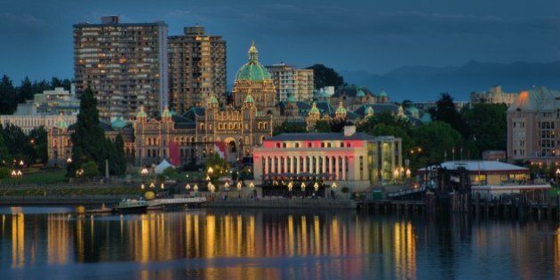 Night scene of Victoria BC Canada with Parliament building in background