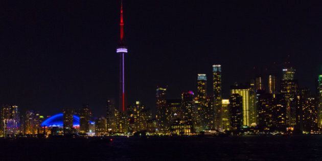 TORONTO, ONTARIO, CANADA - 2016/07/01: Night view of the Toronto skyline from inside the waters of Lake Ontario. The landmark is a major tourist attraction in Canada. (Photo by Roberto Machado Noa/LightRocket via Getty Images)