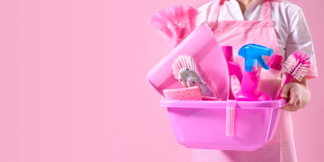 Spring cleaner with pink cleaning equipment