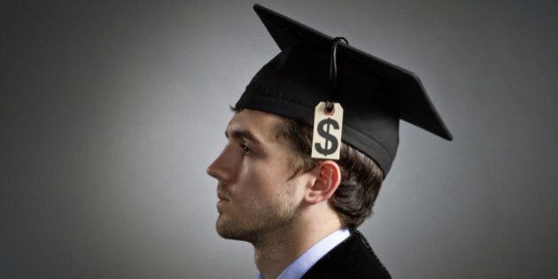 College graduate wearing tuition price tag on mortarboard, horizontal