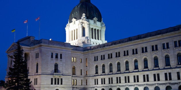 Saskatchewan Legislative Building at dusk in Regina Saskatchewan.