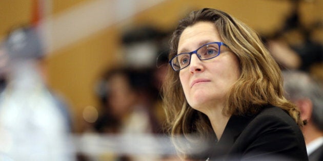 Chrystia Freeland the Minsiter of International Trade from Canada looks on as Ministerial Representatives from the 12 countries for the signing of the Trans-Pacific Partnership(TPP) agreement in Auckland on February 4, 2016.The ambitious pact -- agreed in October 2015 after marathon negotiations in Atlanta, Georgia -- aims to break down trade and investment barriers between countries comprising about 40 percent of the global economy. / AFP / MICHAEL BRADLEY (Photo credit should read MICHAEL BRADLEY/AFP/Getty Images)