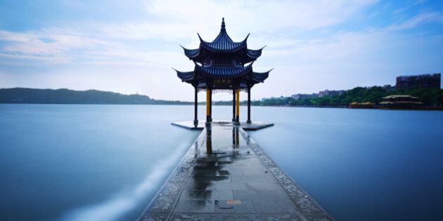 An ancient Chinese pavilion on the West Lake in Hangzhou, China.