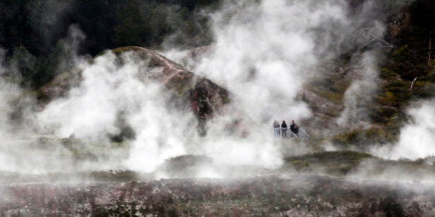 Visitors watch as steam rises from the ground at the Craters of the Moon Geothermal Park near Taupo, September 28, 2011. Regions of geothermal and volcanic activity draw thousands of visitors to New Zealand each year and are also used to drive turbines to produce electricity. REUTERS/Mike Hutchings (NEW ZEALAND - Tags: TRAVEL SOCIETY)