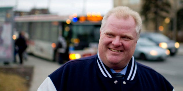 Toronto Mayor Rob Ford smiles prior to the start of the press conference. Councillors Norm Kelly, Gary Crawford, Michelle Berardinetti, Toronto Mayor Rob Ford and Councillor Mike Del Grande held a press conference regarding the Eglinton - Scarborough Crosstown LRT. The press conference was held at the south east intersection of Eglinton and Victoria Park. February 1, 2012 (Photo by Carlos Osorio/Toronto Star via Getty Images)