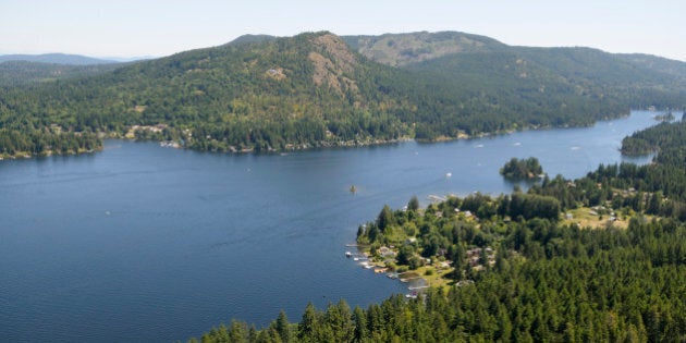 Aerial view of Shawnigan Lake, Cowichan Valley, British Columbia, Canada.