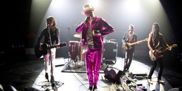Tragically Hip lead singer Gord Downie performs with band members Paul Langlois, Gord Sinclair, Johnny Fay and Rob Baker at the Save-on-Foods Memorial Centre to kick off the band's latest