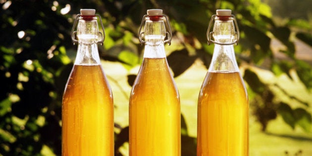 3 clear glass bottles full of mead are backlit by the morning sun