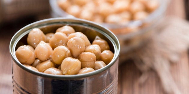 Portion of preserved Chick Peas (close-up shot)