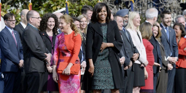 First Lady Michelle Obama, right, and Sophie Gregoire-Trudeau share a laugh during a welcoming ceremony on the South Lawn of the White House in Washington, D.C., U.S., on Thursday, March 10, 2016. Obama welcomed Trudeau for a state visit as the two leaders sought to join forces to combat climate change. Photographer: Olivier Douliery/Pool via Bloomberg