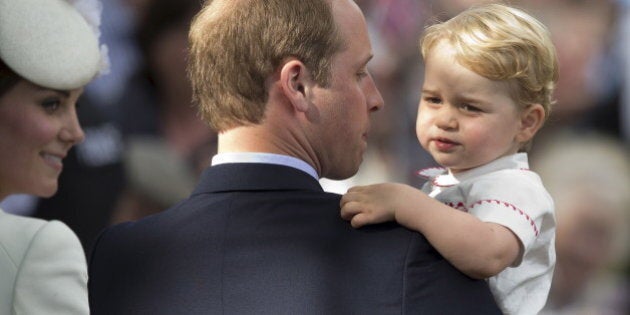 Prince William, Catherine, the Duchess of Cambridge and their son Prince George leave after Princess Charlotte's Christening at St. Mary Magdalene Church in Sandringham, England, July 5, 2015. REUTERS/Matt Dunham/Pool