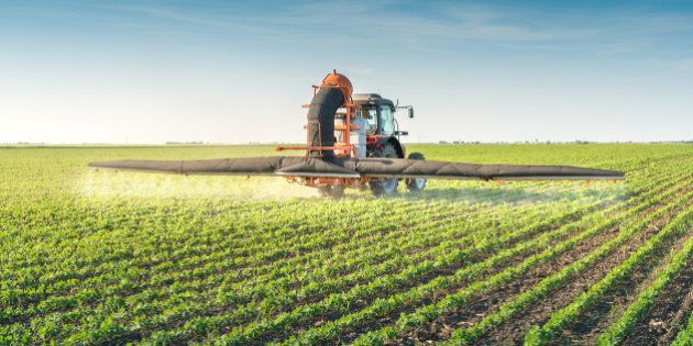 tractor spraying pesticides on soy bean