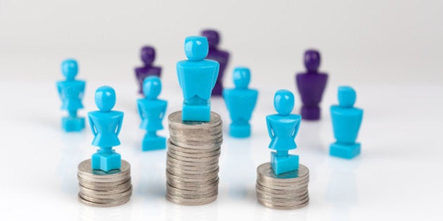 Male and female figurines standing on top of coin piles with other figurines in the background. Wage gap and corporate structure concept.