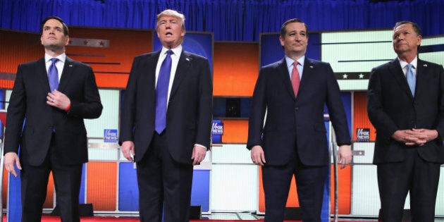 DETROIT, MI - MARCH 03: Republican presidential candidates Sen. Marco Rubio (R-FL), Donald Trump, Sen. Ted Cruz (R-TX), and Ohio Gov. John Kasich, participate in a debate sponsored by Fox News on March 3, 2016 in Detroit, Michigan. Voters in Michigan will go to the polls on March 8 to vote for their partys presidential nominee. (Photo by Chip Somodevilla/Getty Images)