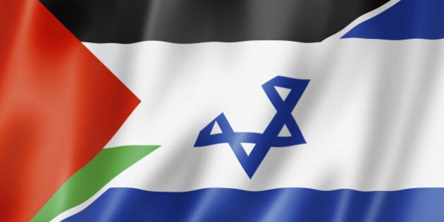 Mixed Palestine and Israel flag, three dimensional render, illustration