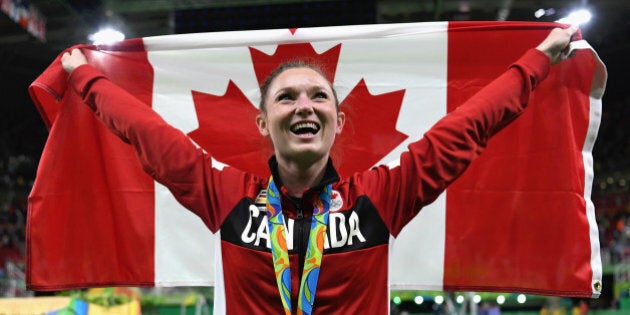 RIO DE JANEIRO, BRAZIL - AUGUST 12: Gold medalist Rosannagh Maclennan of Canada reacts after winning the Trampoline Gymnastics Women's Final on Day 7 of the Rio 2016 Olympic Games at the Rio Olympic Arena on August 12, 2016 in Rio de Janeiro, Brazil. (Photo by David Ramos/Getty Images)