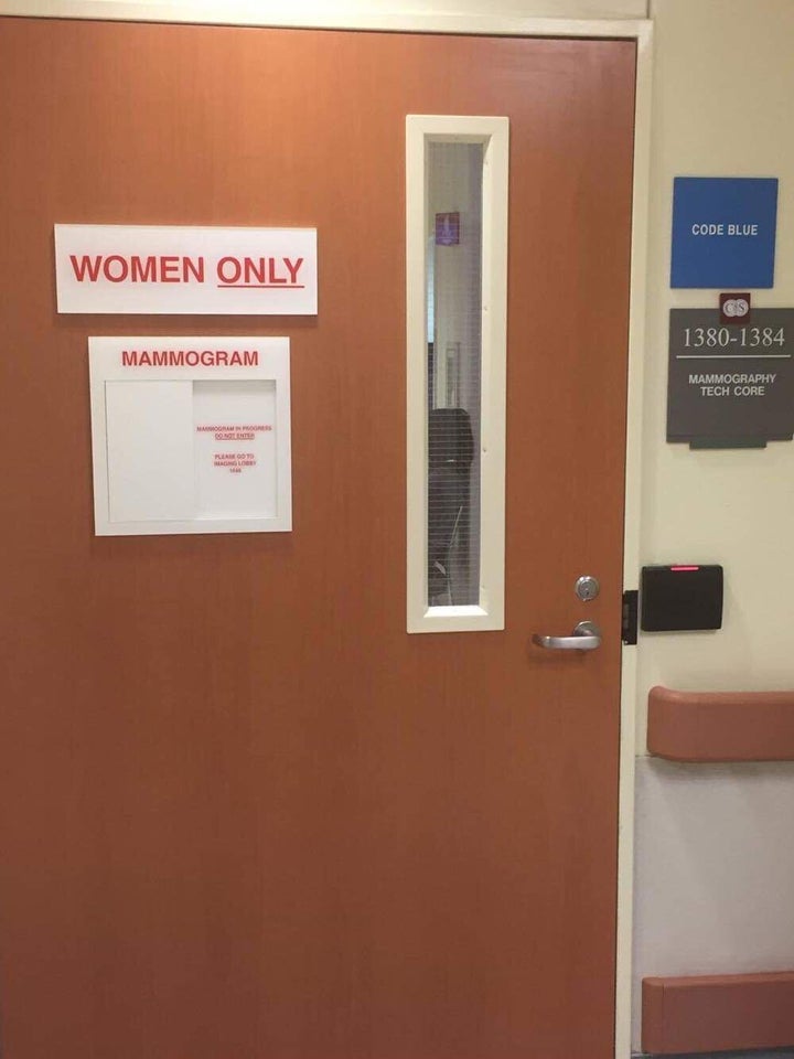 Mammograms for the author's husband were done behind doors with signs boldly exclaiming “WOMEN ONLY.”