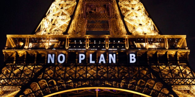 PARIS, FRANCE - DECEMBER 11: The slogan 'No Plan B' is projected on the Eiffel Tower as part of the World Climate Change Conference 2015 (COP21) on December 11, 2015 in Paris, France. COP21 President Laurent Fabius unveiled the final draft text of a global climate agreement of negotiations in Paris. (Photo by Chesnot/Getty Images)