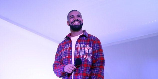 TORONTO, ON - NOVEMBER 25 - Toronto Rapper Drake addresses media in a 'Hotline Bling' installation at the Air Canada Centre in Toronto on November 25, 2015, prior to a Toronto Raptors vs. Cleveland Cavaliers NBA game. (Cole Burston/Toronto Star via Getty Images)