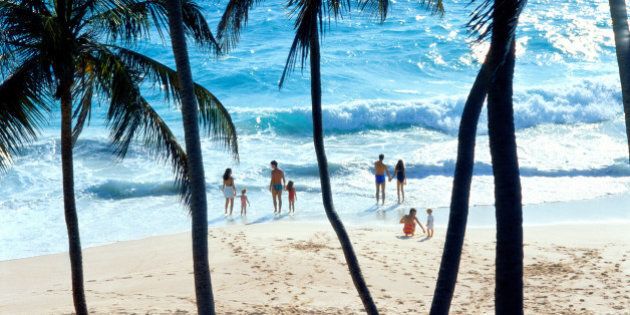 Couples and children (3-10) on beach, elevated view, Barbados