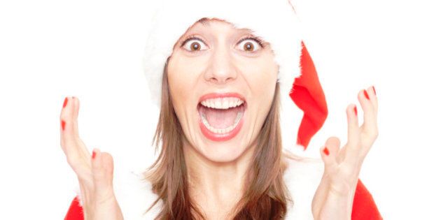 Annoyed woman in Santa Claus costume, annoying Christmas