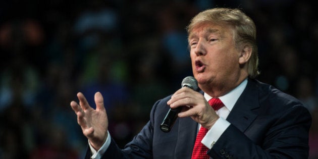 AIKEN, SC - DECEMBER 12, 2015: Republican presidential candidate Donald Trump speaks to the crowd at town hall meeting Saturday, December 12, 2015 in Aiken, South Carolina. The South Carolina Republican primary is scheduled for February 20, 2016. (Photo by Sean Rayford/Getty Images)