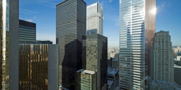 Tornto, Ontario downtown, TD Centre and Bay Street banking district seen from Brookfield Place office tower.