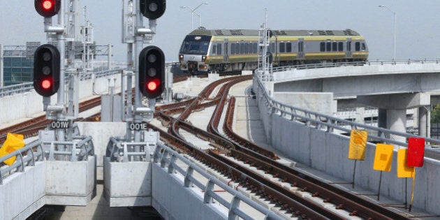 TORONTO, ON- MAY 25 - A train makes its way into Pearson International Airport as the Media get one more ride on the UPX - Union Pearson Express - before it is officially launched. This is the first official look at the Union Station terminal at Pearson International Airport in Toronto. (Steve Russell/Toronto Star via Getty Images)