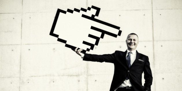 Businessman pointing at himself with hand cursor pointer. Workforce concept.