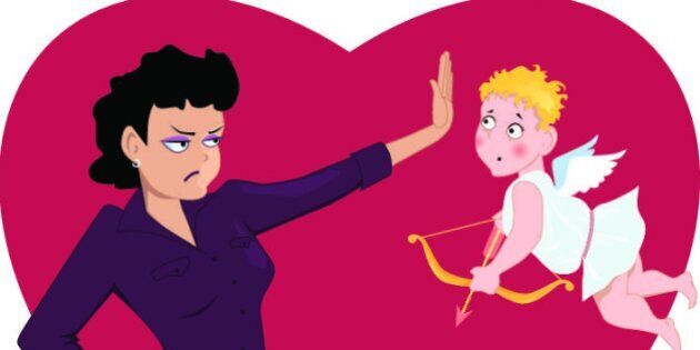 Young bitter woman saying no to confused Cupid, vector illustration, no transparencies EPS 8