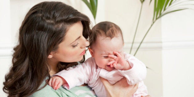 baby, woman, mother, child, home, location, sofa, living room, family, day, crying, upset, tantrum, holding, soothing, white, teething, family