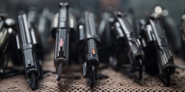 WASHINGTON, USA - JANUARY 9: Assorted pistols on display that customers can rent to use on the range at Blue Ridge Arsenal in Chantilly, Va., USA on January 9, 2015. (Photo by Samuel Corum/Anadolu Agency/Getty Images)