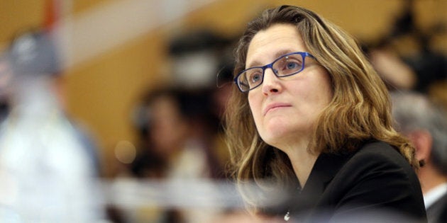 Chrystia Freeland the Minsiter of International Trade from Canada looks on as Ministerial Representatives from the 12 countries for the signing of the Trans-Pacific Partnership(TPP) agreement in Auckland on February 4, 2016.The ambitious pact -- agreed in October 2015 after marathon negotiations in Atlanta, Georgia -- aims to break down trade and investment barriers between countries comprising about 40 percent of the global economy. / AFP / MICHAEL BRADLEY (Photo credit should read MICHAEL BRADLEY/AFP/Getty Images)