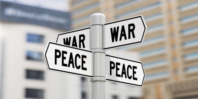 Street signs showing war and peace