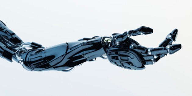 Future technology in black prosthetic hand on white. 3ds max render