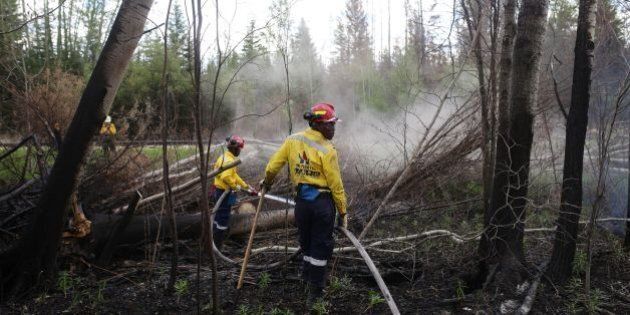 A group of 300 South African firefighters work to uproot a tree as they mop-up hot spots in an area close to Anzac, outside of Fort McMurray, Alberta on June 2, 2016. The first convoys of weary, anxious residents returned to wildfire-ravaged Fort McMurray on Wednesday, a month after they were forced to flee the Canadian oil city due to the inferno. / AFP (Photo credit should read /AFP/Getty Images)