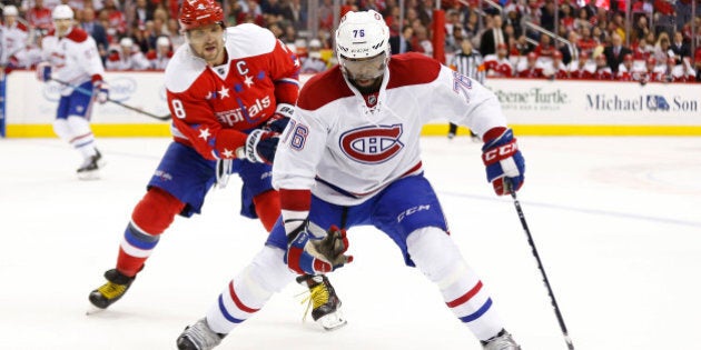 Feb 24, 2016; Washington, DC, USA; Montreal Canadiens defenseman P.K. Subban (76) skates with the puck as Washington Capitals left wing Alex Ovechkin (8) chases in the second period at Verizon Center. Mandatory Credit: Geoff Burke-USA TODAY Sports