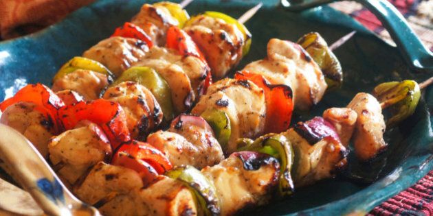 Colorful summer food--shish kabobs with directional light.