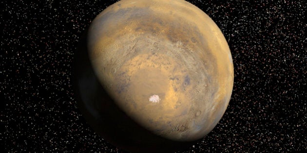 April 1999 - A mosaic of 24 images taken on a single northern summer day in April 1999 are stitched together to create a global view of Mars. We rotate the planet to reveal the South Pole. Viking data is used to fill in some of this region which is in darkness during this season. The landing site is located at latitude 76 degrees South, longitude 195 degrees West. A bright blue ellipse indicates the landing location of the landing site. The ellipse is 5 kilometers wide and 90 kilometers long. Launched January 3, Mars Polar Lander will set down gently on the Red Planet December 3 for the start of a three-month mission to help scientists study the planet's climate history. Polar Lander was launched toward a Colorado-sized area at about 75 degrees south latitude on Mars. Mission planners have been reviewing images and three-dimensional topographic measurements from NASA's orbiting Mars Global Surveyor mission to pick a safe and scientifically interesting spot to land.