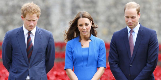 LONDON, UNITED KINGDOM - AUGUST 05: (EMBARGOED FOR PUBLICATION IN UK NEWSPAPERS UNTIL 48 HOURS AFTER CREATE DATE AND TIME) Prince Harry, Catherine, Duchess of Cambridge and Prince William, Duke of Cambridge visit the poppy field art installation entitled 'Blood Swept Lands and Seas of Red' by artist Paul Cummins, in the moat of the Tower of London, to commemorate the First World War on August 5, 2014 in London, England. By it's completion on Armistice Day 2014 the moat will contain 888,246 ceramic poppies, one for each British and Colonial fatality during World War One. (Photo by Max Mumby/Indigo/Getty Images)