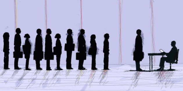 Business people standing in interview queue