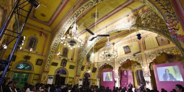 JAIPUR, INDIA - JANUARY 25: Visitors at Jaipur Literary Festival 2016, at Diggi Palace, on January 25, 2016 in Jaipur, India. Ninth edition of ZEE Jaipur Literature Festival is set to witness over 360 participants from the fields of literature, history, politics, economy, art and culture debate and discuss on one platform for the five days. (Photo by Sanjeev Verma/Hindustan Times via Getty Images)