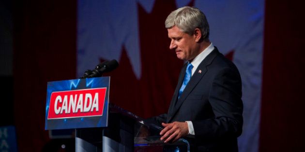 Conservative Leader Stephen Harper, Canada's prime minister, speaks during a news conference where he conceded victory on election day in Calgary, Alberta, Canada, on Monday, Oct. 19, 2015. Justin Trudeau's Liberal Party has swept into office with a surprise majority, ousting Prime Minister Stephen Harper and capping the biggest comeback election victory in Canadian history. Photographer: Ben Nelms/Bloomerg