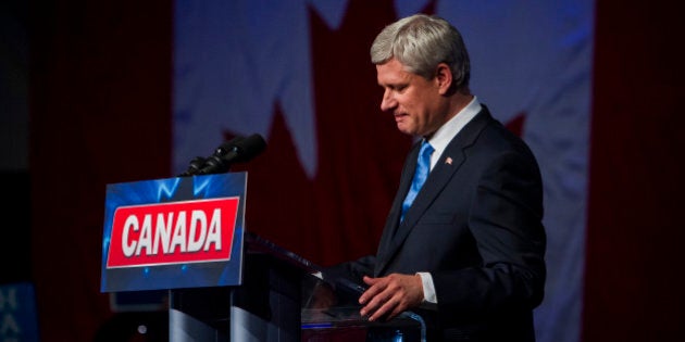 Conservative Leader Stephen Harper, Canada's prime minister, speaks during a news conference where he conceded victory on election day in Calgary, Alberta, Canada, on Monday, Oct. 19, 2015. Justin Trudeau's Liberal Party has swept into office with a surprise majority, ousting Prime Minister Stephen Harper and capping the biggest comeback election victory in Canadian history. Photographer: Ben Nelms/Bloomerg