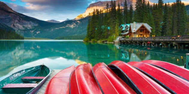 Late summer afternoon at Emerald Lake in Yoho National Park, British Columbia, Canada. Emerald Lake is a major tourism destination in the Canadian Rockies.