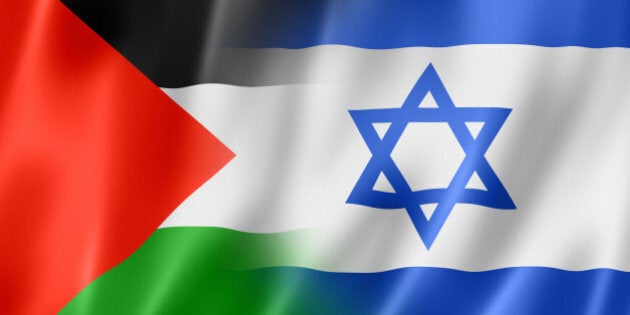 Mixed Palestine and Israel flag, three dimensional render, illustration