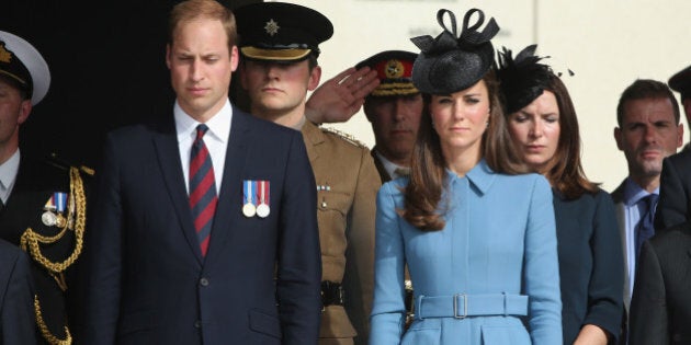 ARROMANCHES LES BAINS, FRANCE - JUNE 06: Prince William, Duke of Cambridge and Catherine, Duchess of Cambridge observe the minutes silence as they attend the 70th anniversary of the D-Day landings on June 6, 2014 in Arromanches Les Bains, France. Friday 6th June is the 70th anniversary of the D-Day landings which saw 156,000 troops from the allied countries including the United Kingdom and the United States join forces to launch an audacious attack on the beaches of Normandy, these assaults are credited with the eventual defeat of Nazi Germany. A series of events commemorating the 70th anniversary are planned for the week with many heads of state travelling to the famous beaches to pay their respects to those who lost their lives. (Photo by Christopher Furlong/Getty Images)