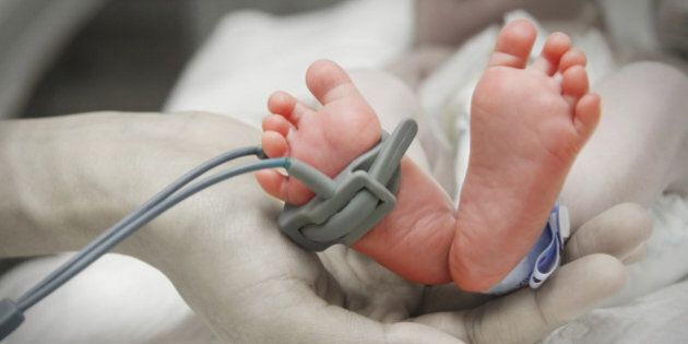 mother's hand holding feet of new born baby sick in incubator chamber in hospital
