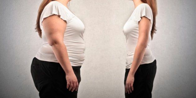 fat woman and woman lean in comparison on gray background