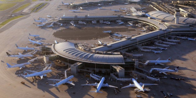 TORONTO, ON - AUGUST 28: An aerial view of the Lester B. Pearson airport as photographed from an airplane on August 28, 2012 in Toronto, Canada. (Photo by Bruce Bennett/Getty Images)